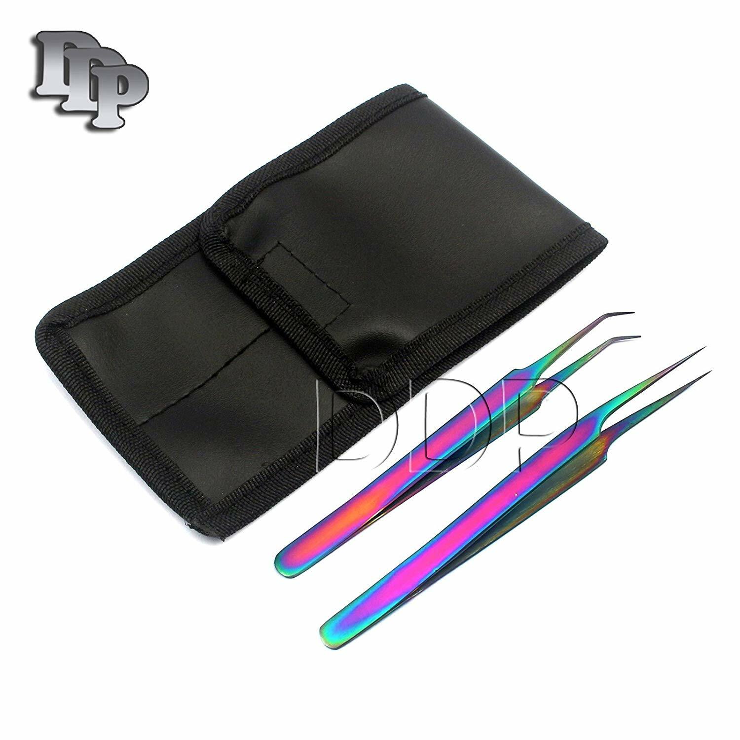 2 Multi Titanium Color 3d Eyelash Extension Tweezer A Type Angled + Pro Straight