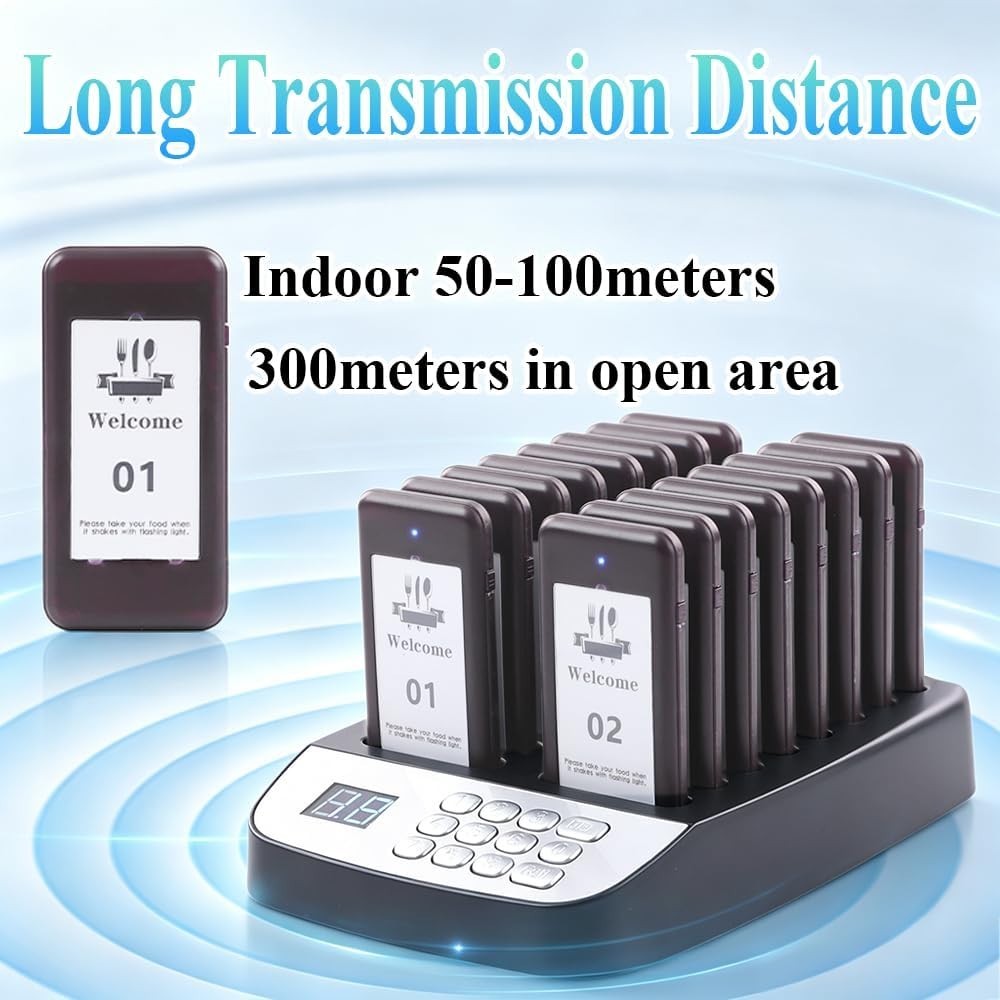 16-Pager Wireless Restaurant Paging System - 500ft Range for Quick Notifications