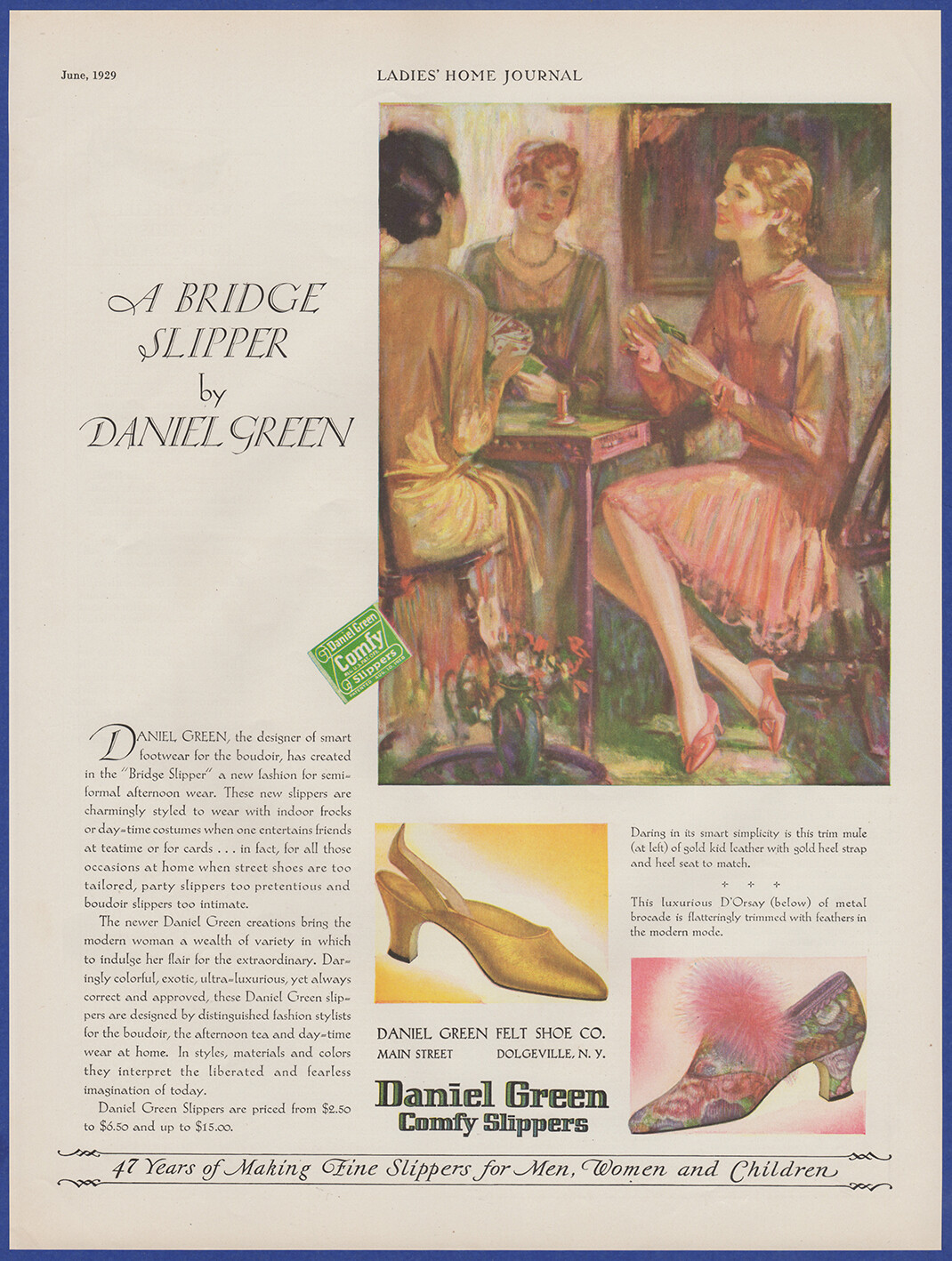 Vintage 1929 DANIEL GREEN Comfy Slippers Women's House Shoes 1920's Print Ad