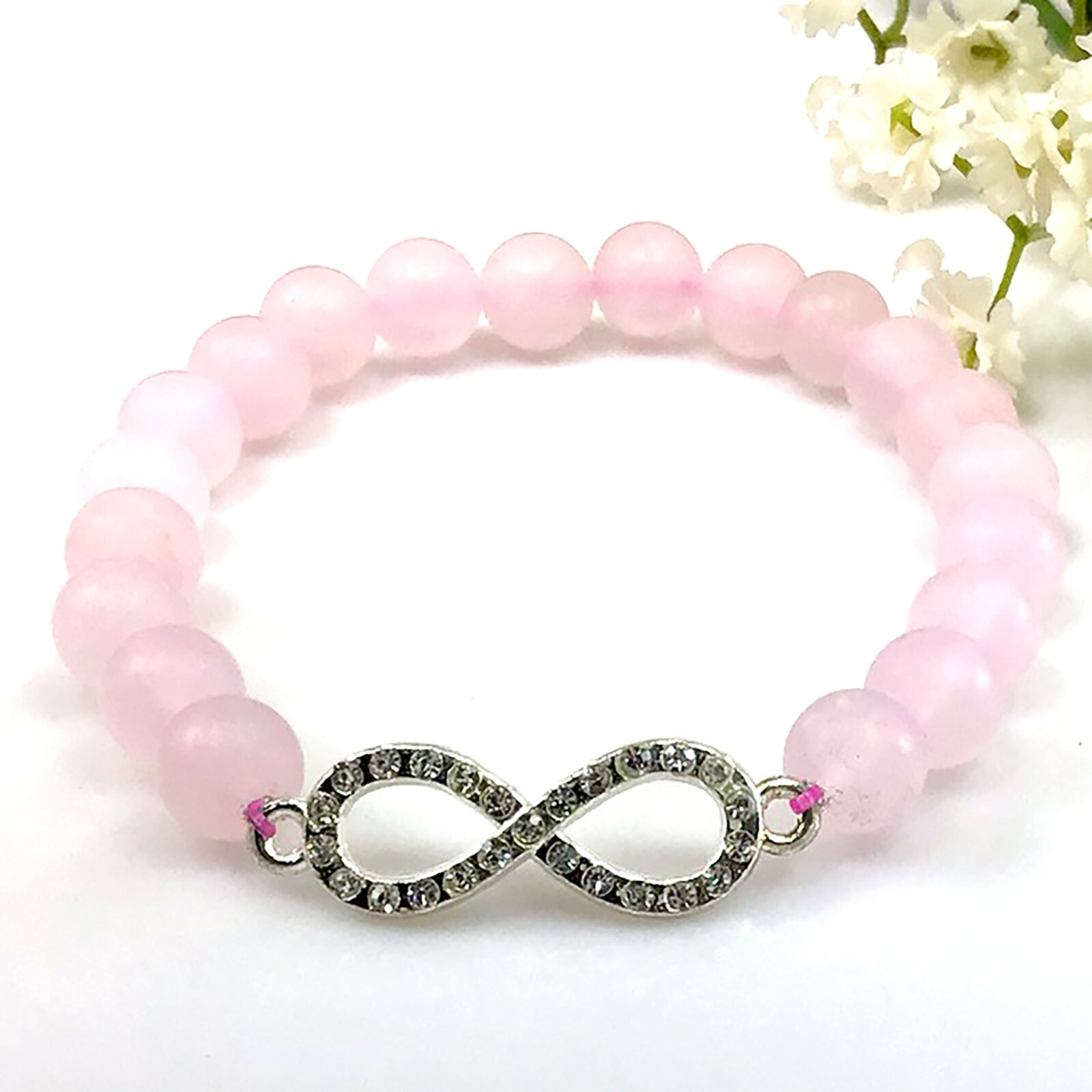 Matte rose quartz bracelet with infinity pendant healing Stretch gemstone women