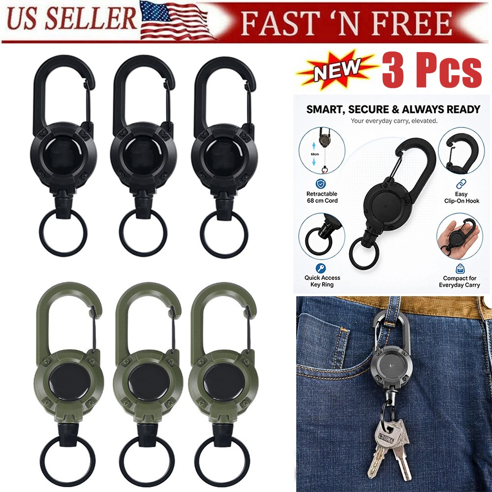 3 Pcs Heavy Duty Keychain Retractable Carabiner Car Key Chain with Badge Holder