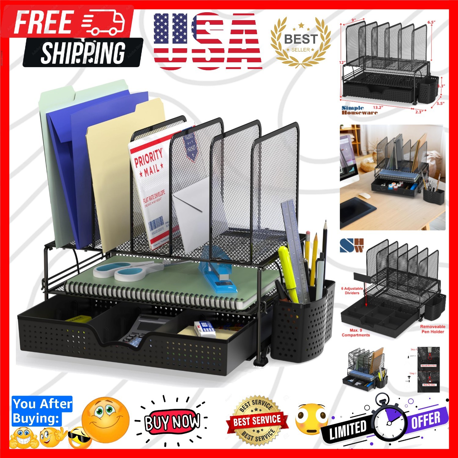 Mesh Desk Organizer with Sliding Drawer, Double Tray and 5 Upright Sections, ...