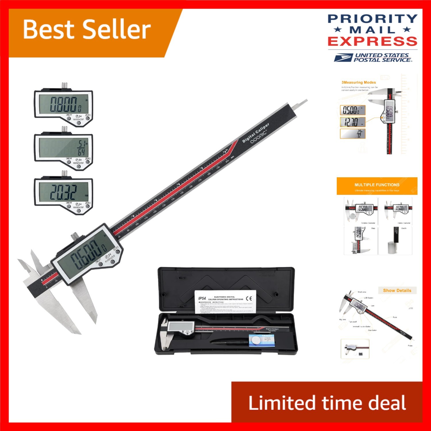 Stainless Steel 8'' Measuring Tool with Large LCD Screen & Auto-off Feature