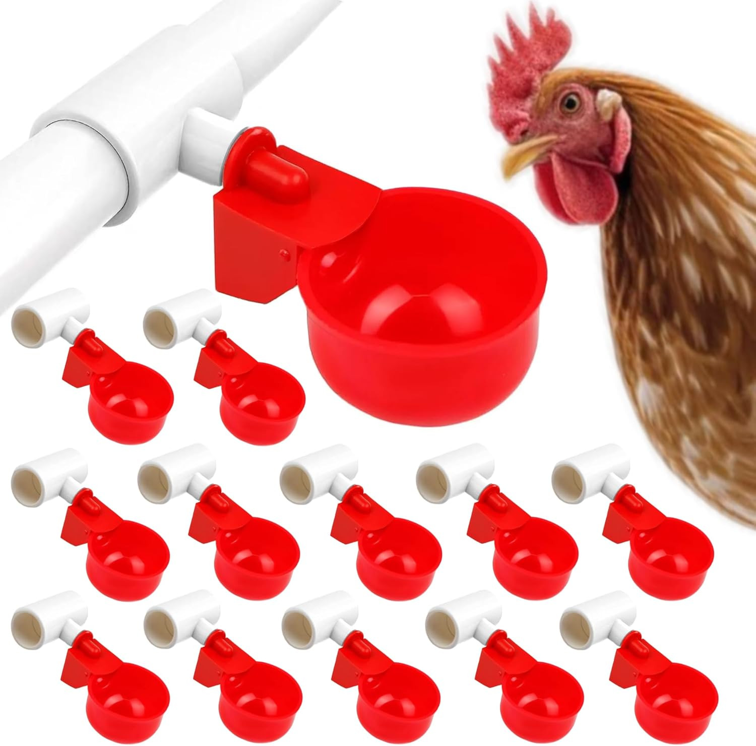 24 Pack Automatic Chicken Waterer Cups Kit Gravity-Fed Poultry Drinker with PVC