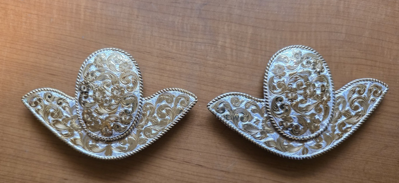 VTG Crumrine Western Saddle Corner Plates Bling Floral Gold Silver Toned Rope Bo
