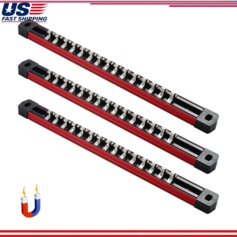 3-Piece Magnetic Socket Organizer, Heavy Duty Aluminum Socket Rails, 1/4-Inch Ho