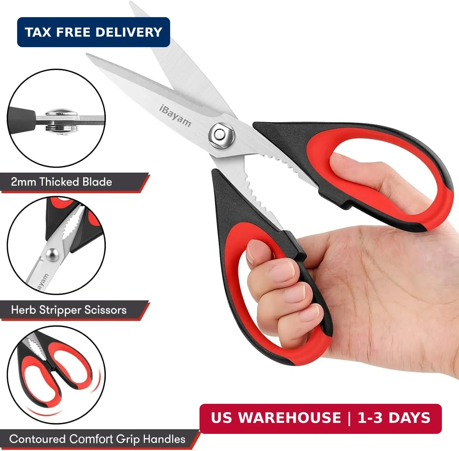 iBayam 3-Pack 8.5"Kitchen Scissors All Purpose Heavy Duty with Protective Sheath
