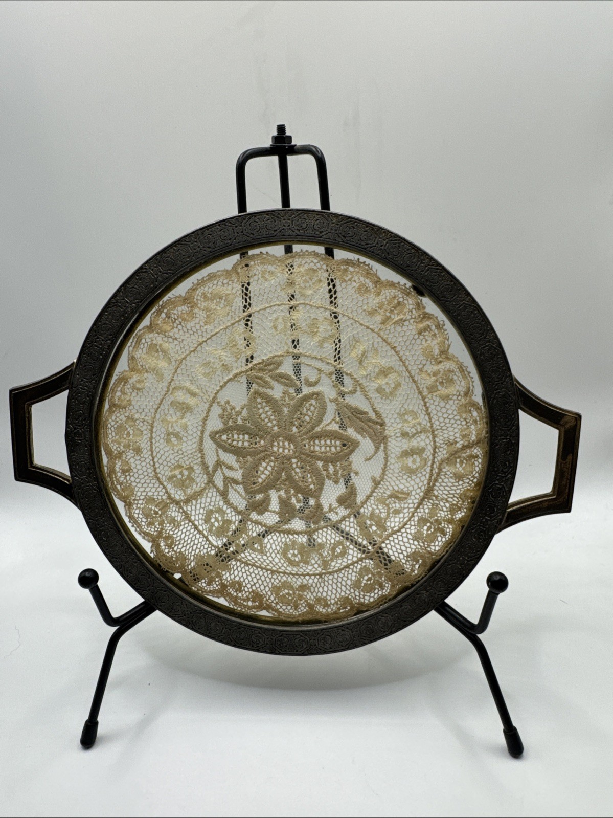 vtg net lace vanity tray bernard rice sons victorian style antique metal frame