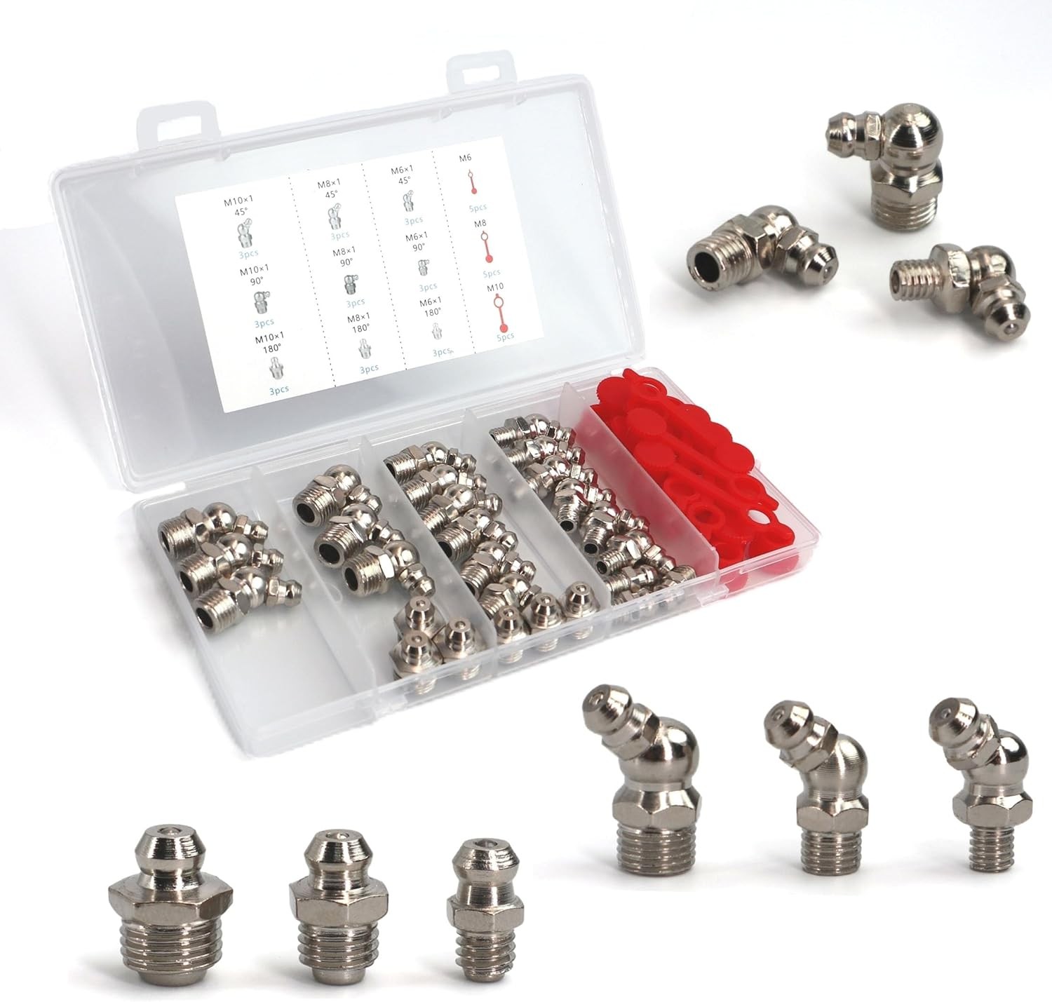 27 PCS SAE & Metric Grease Fittings Assortment, Hydraulic Grease Gun Fittings wi