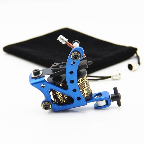 Handmade Blue Steel Frame Tattoo Machine 10 Wrap Coils For Liner Shader