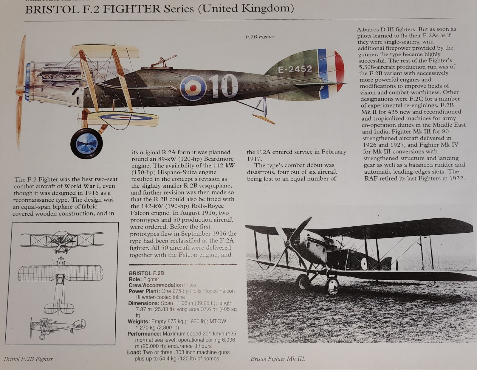 Bristol Fighter Plane Picture Out of Print Article Spec Sheet Art Decor