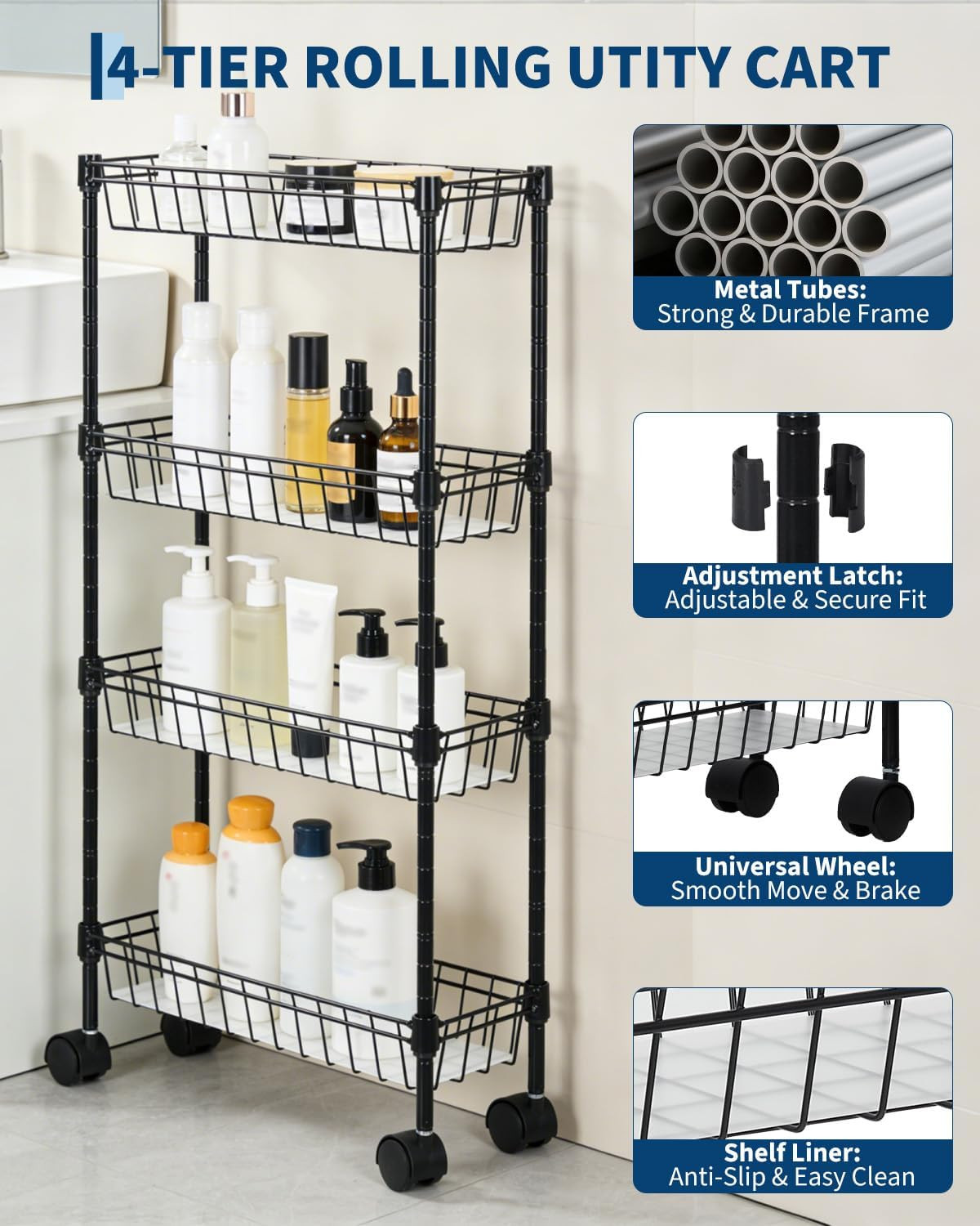 4-Tier Slim Rolling Storage Cart, Metal Utility Cart on Wheels, Multi-Functional