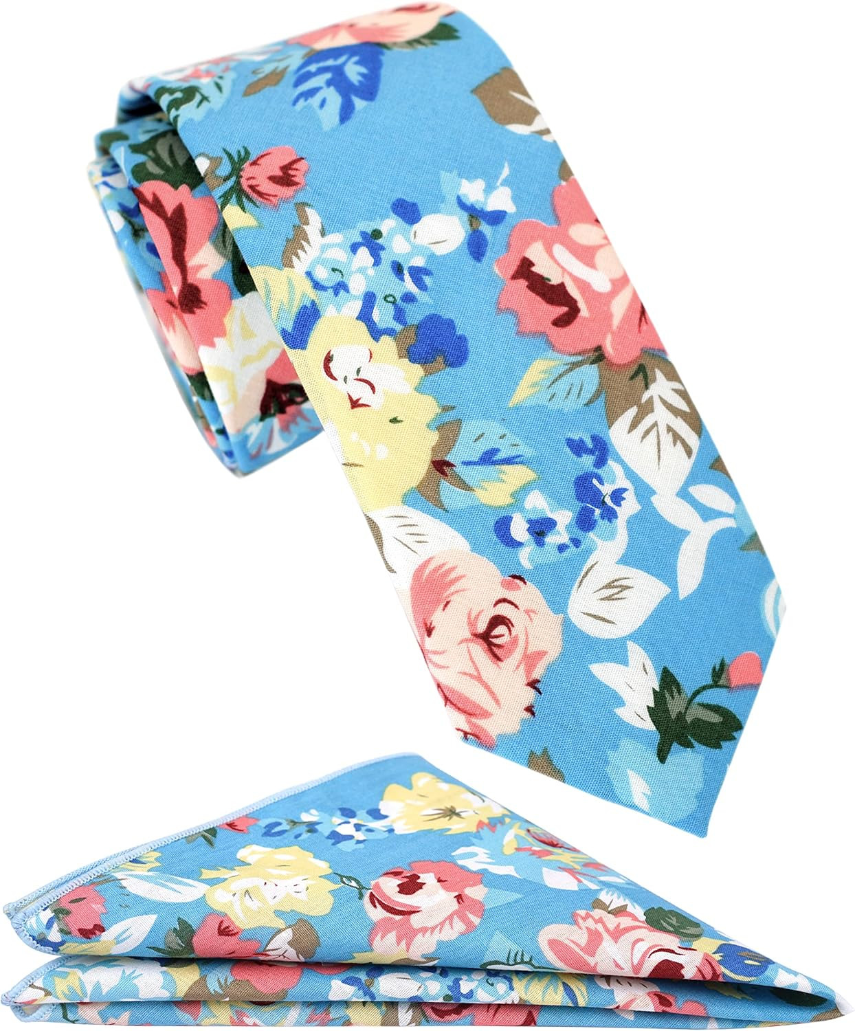 Mens Casual Skinny Floral Tie Combo Set with Flower Pocket Square 2½" Cotton Nec