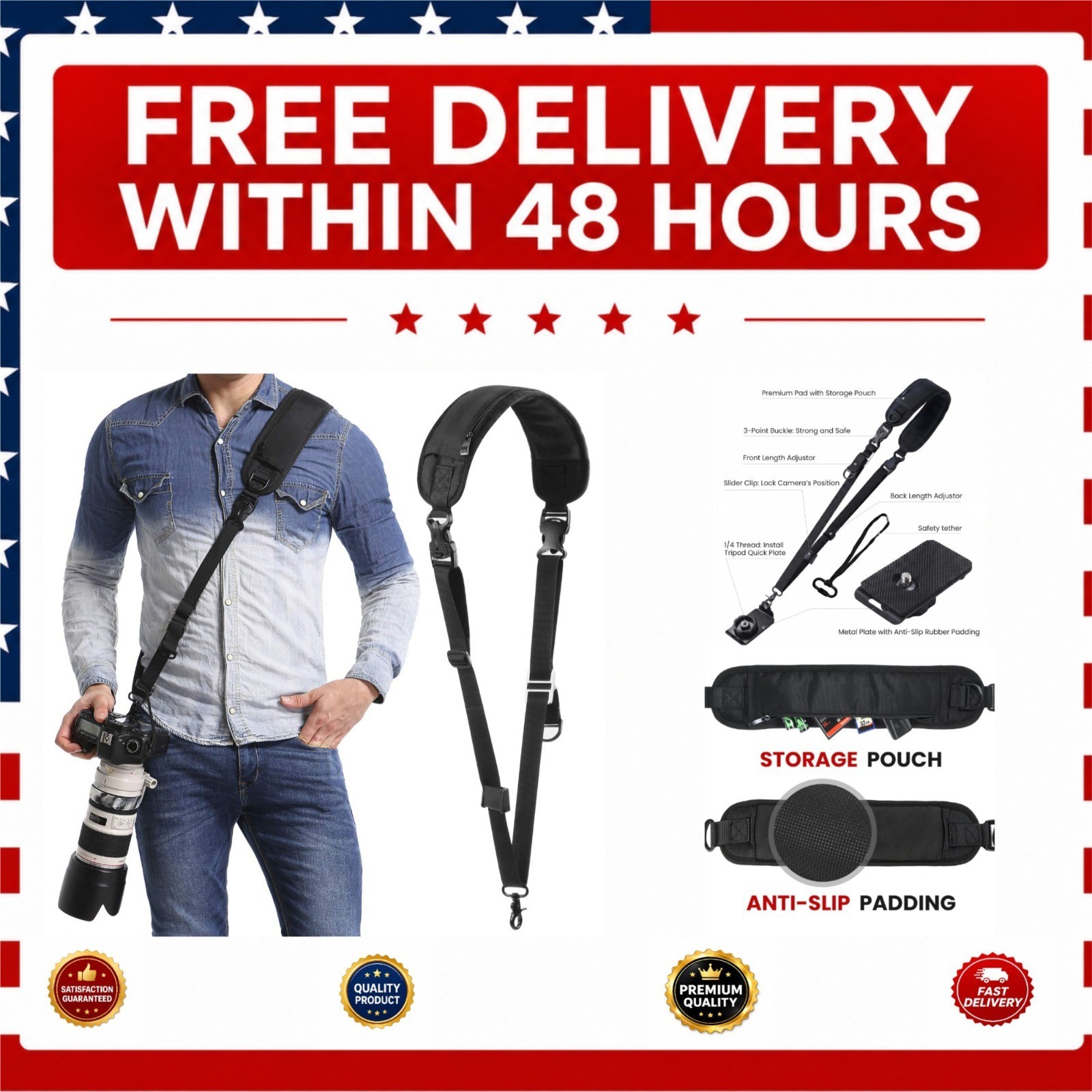 waka Rapid Camera Neck Strap Adjustable for DSLR Canon Nikon Sony Black