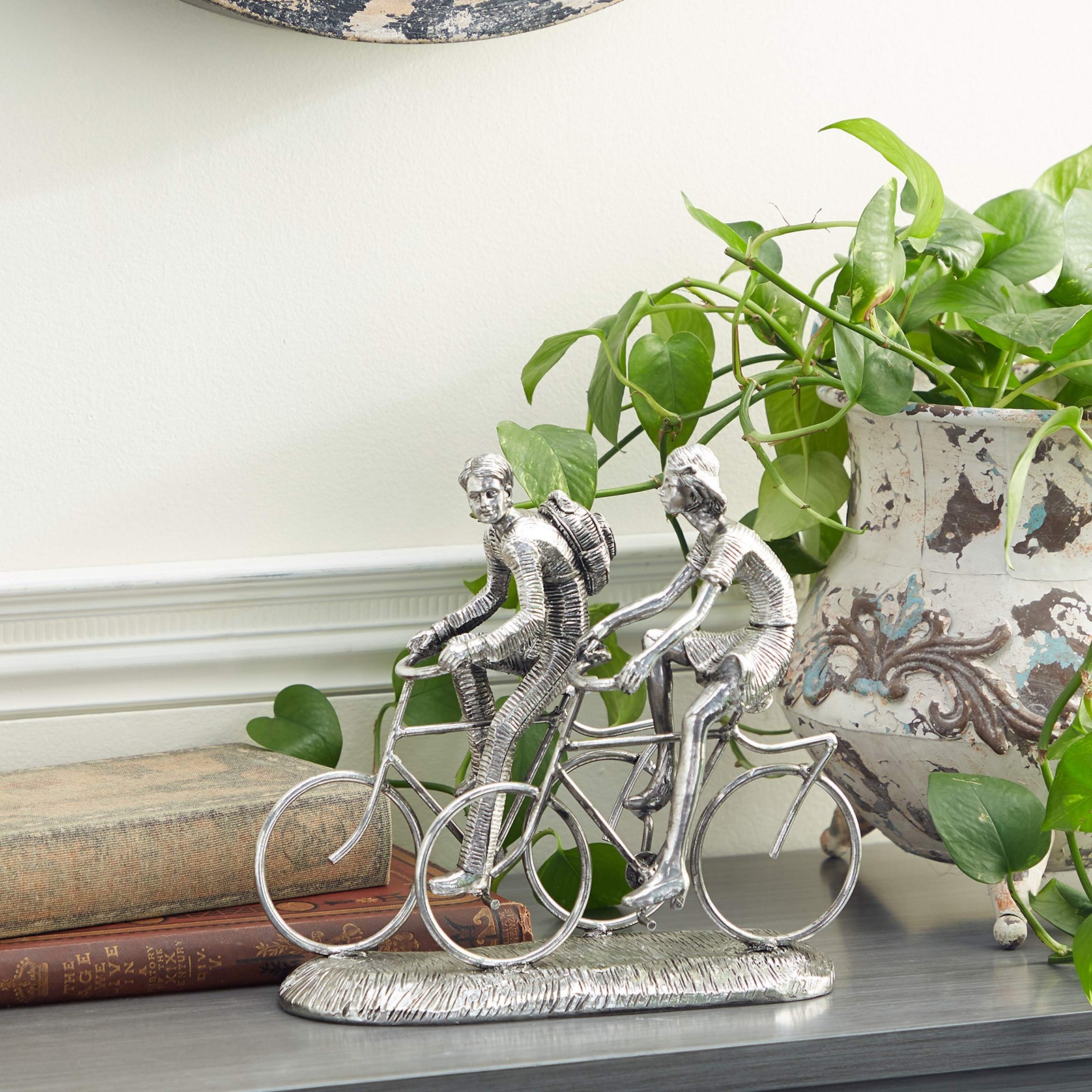 Deco 79 Polystone People Sculpture with Bike, 11" x 5" x 10", Silver
