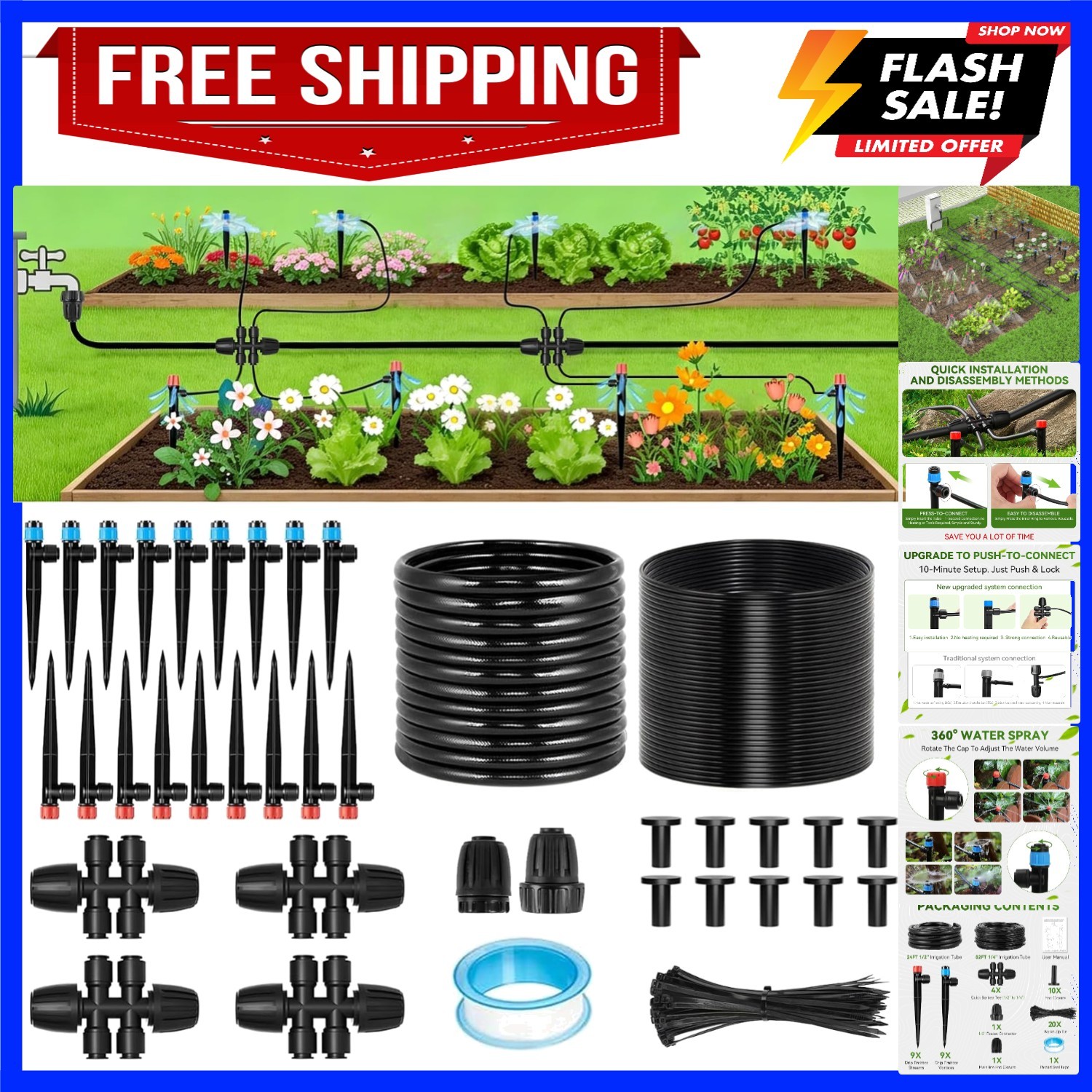 Drip Irrigation System, 106FT Drip Irrigation System Kit, Press-to-Connect & ...