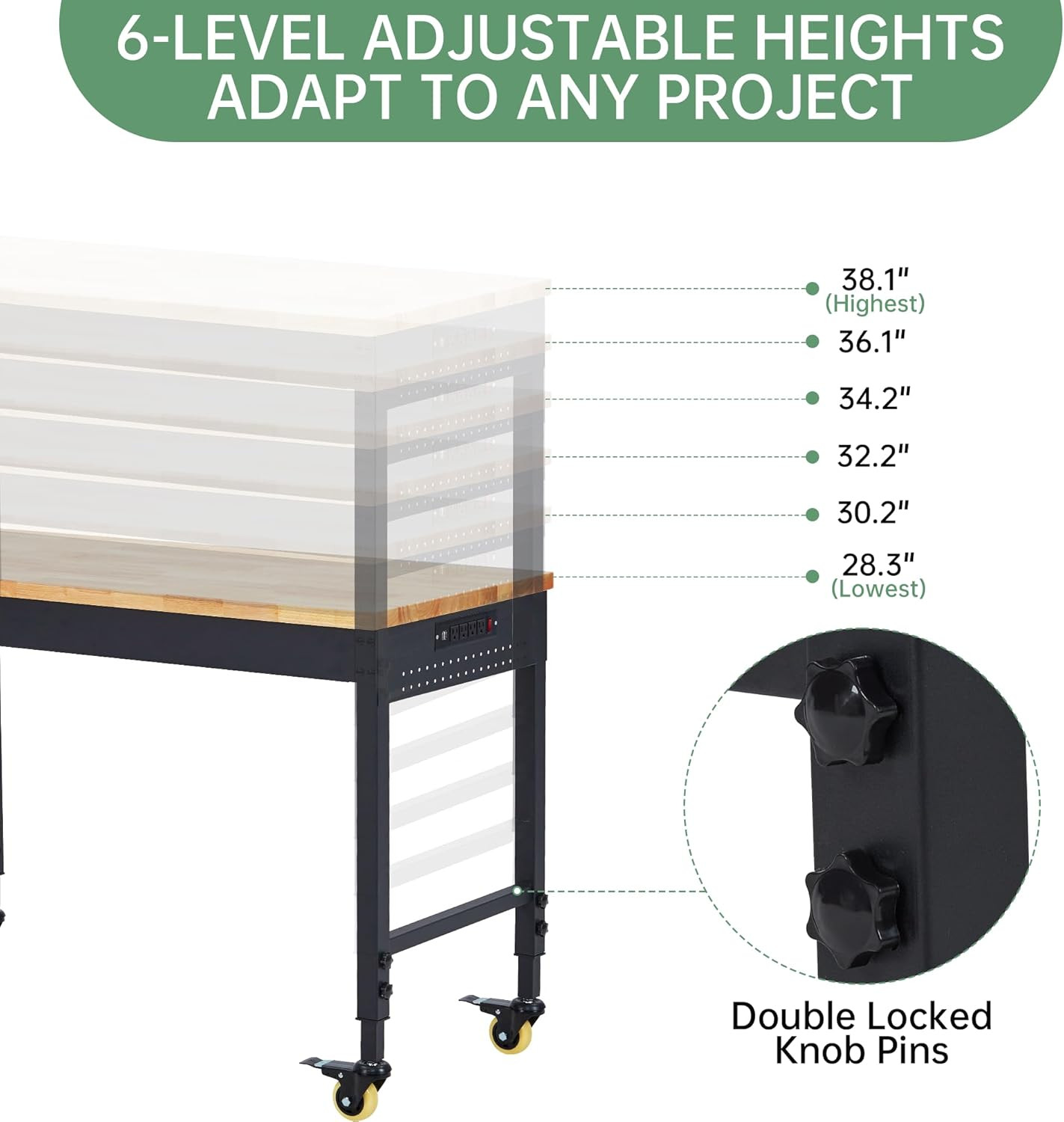 48" Adjustable Height Workbench, Rubber Wood Tabletop Work Table with Wheels, Po