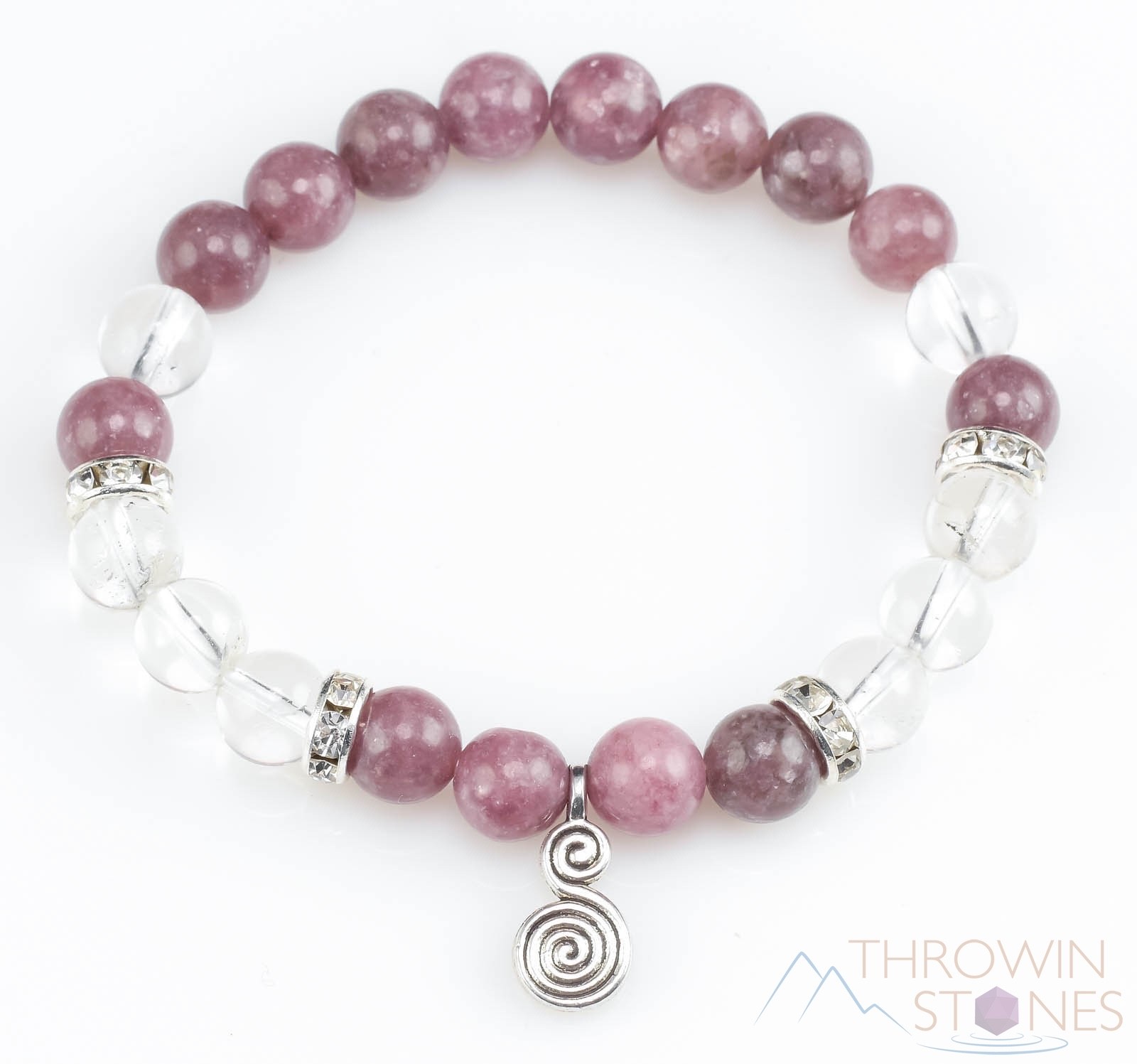 LEPIDOLITE & CLEAR QUARTZ Crystal Bracelet - Spiral Charm, Round Beads, E0975