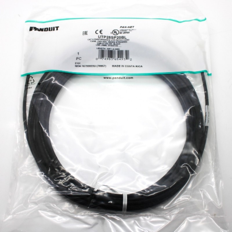 Panduit 20-ft Cat-6 UTP Patch Cord Black 28AWG Stranded Modular Plug UTP28SP20BL