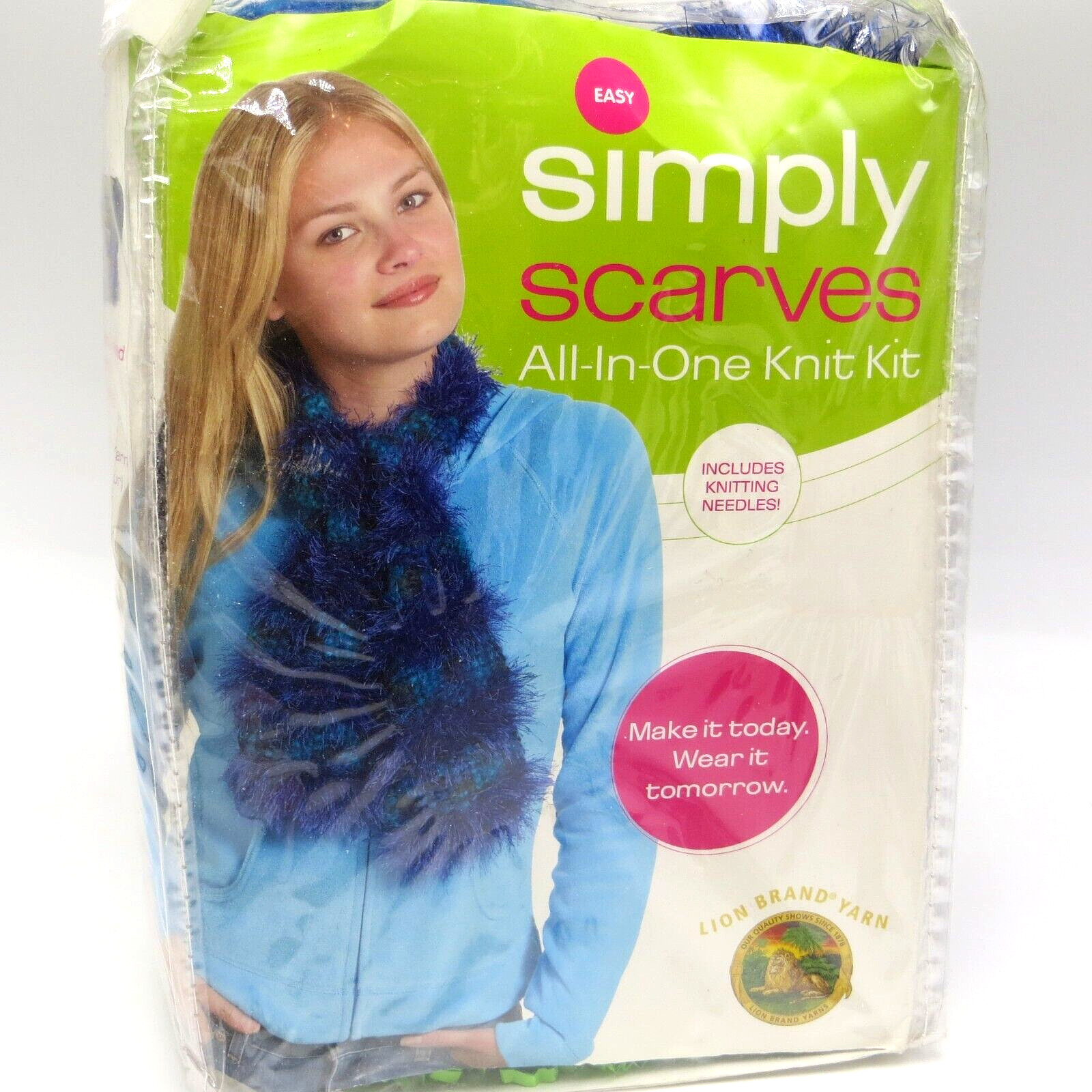 Simply Scarves All in One Kit Lion Brand Yarn Needles Instructions Scarf Blue