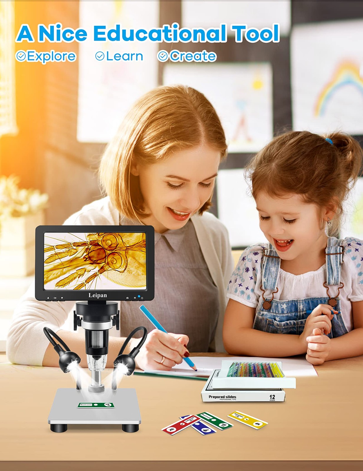 7" LCD Digital Microscope 1200X,Leipan 12MP DM9-7" Microscope, Black