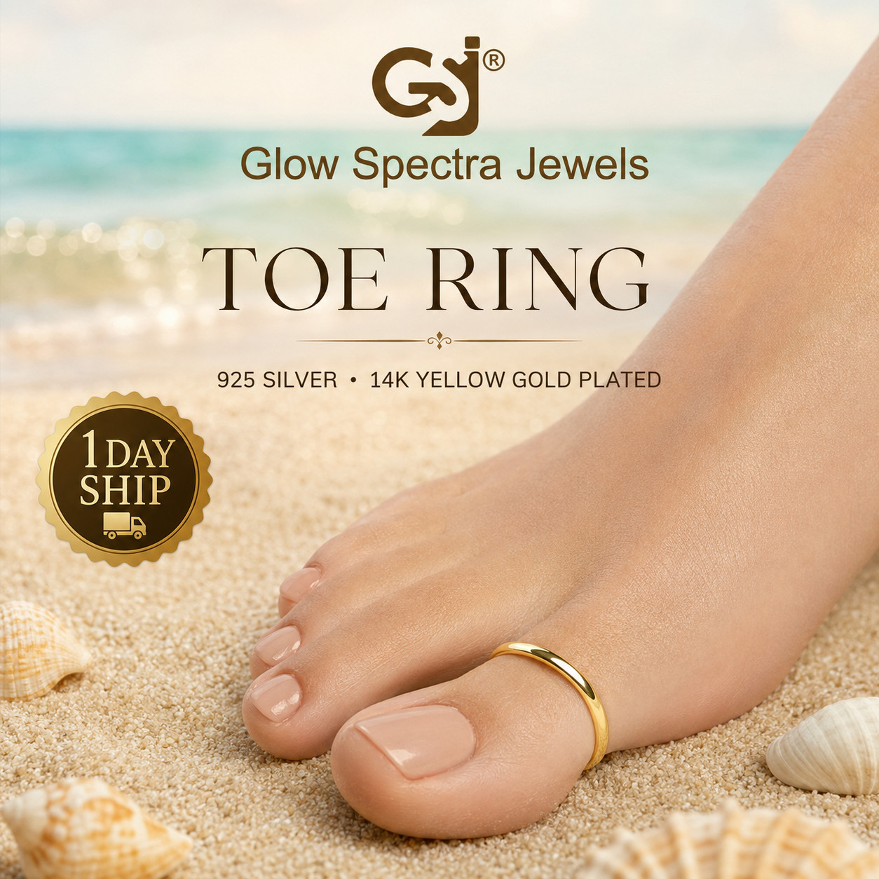 Solid Metal 925 Silver Women's Big Adjustable Band Toe Ring 14k Gold Plated
