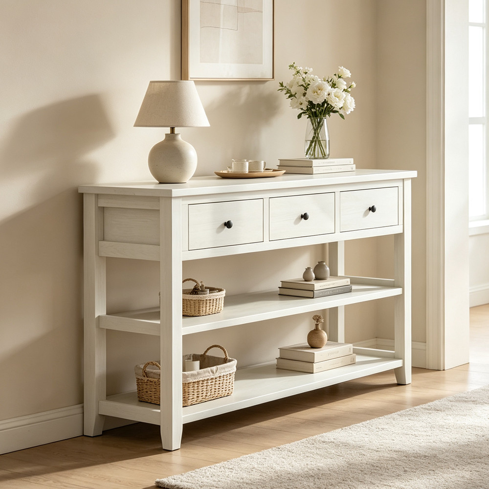 White Console Table 47" Wooden Sofa Table 3 Drawers 2 Shelves Entryway Storage
