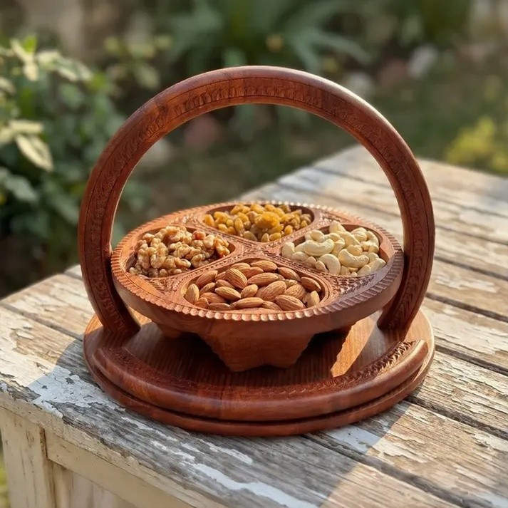 Heart Style Wooden Dry Fruit Basket Tray 12" Foldable 4 Section Handmade Woodenx