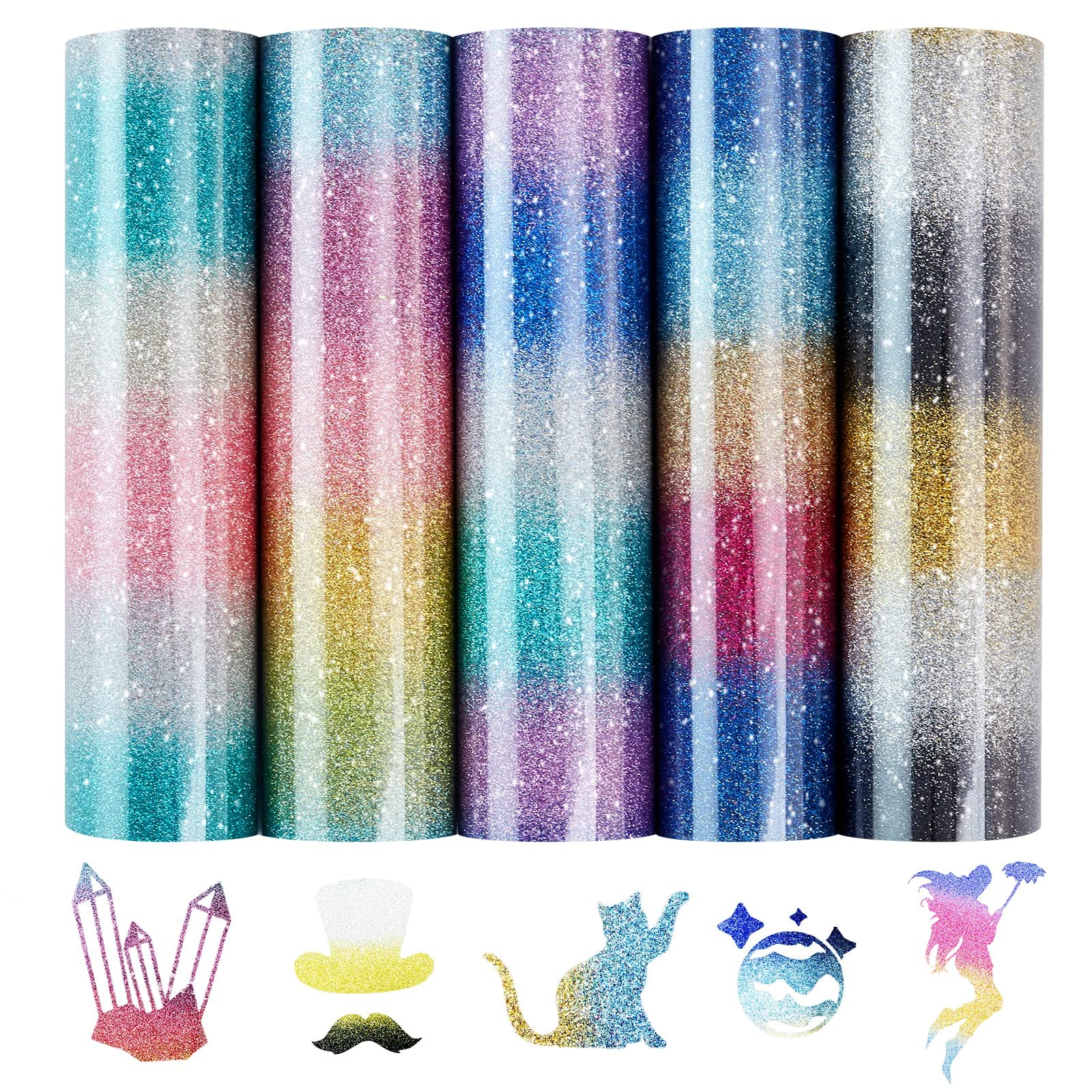 Rainbow Gradient Glitter HTV Vinyl, 5 Sheets 12×10in Iron on Vinyl