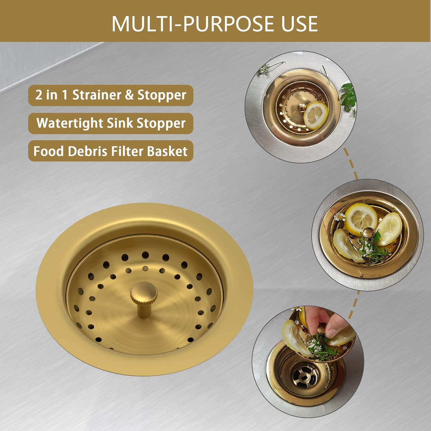 Kitchen Sink Drain Gold Sink Drain Strainer with Fixed Post 3-1/2 Inch Kitchen D