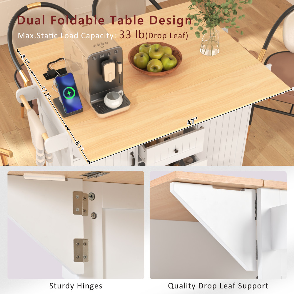 55.7'' Large Kitchen Island with 2 Drop Leaf,, Rolling Kitchen Cart on 5 Wheels