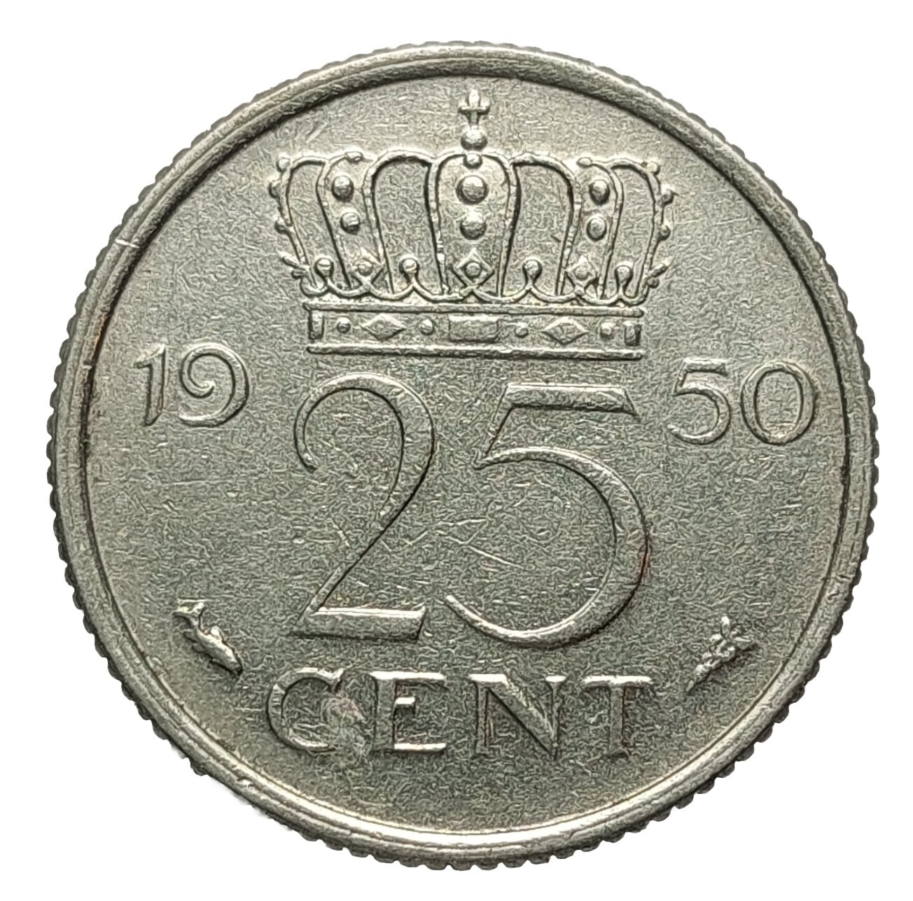 Netherlands 25 Cents 1950 – Queen Juliana – Nickel Coin KM#183 Dutch Gulden P202