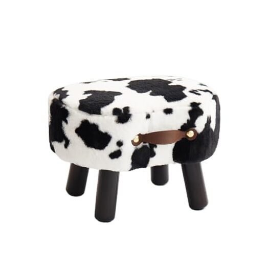 Small Footstool with Handle, Faux Fur Ottoman Foot Rest with Padded Velvet Cow