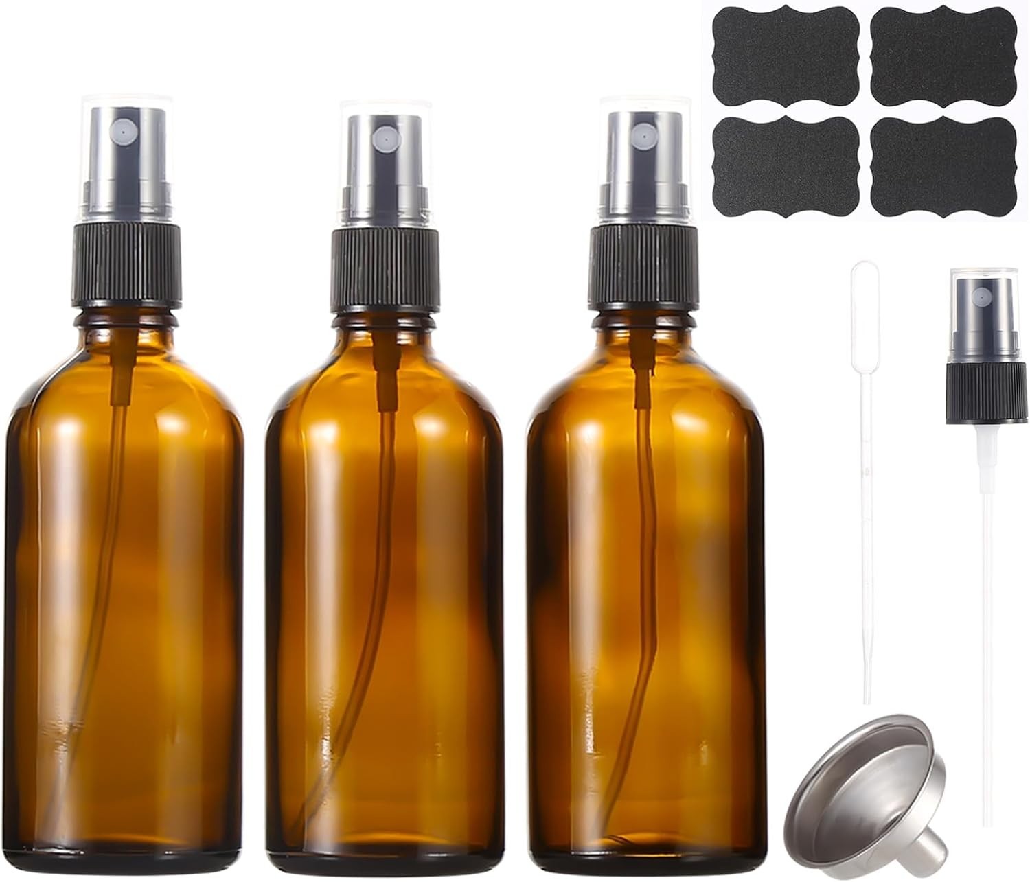 Versatile 100ml Refillable Amber Glass Spray Bottles - 3 Pack with Accessories