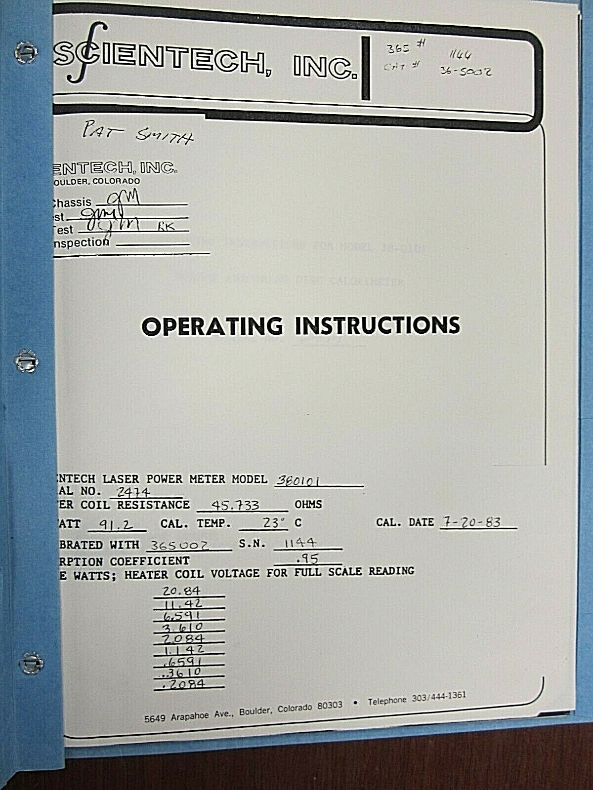 Scientech Operating Instructions Model 38-0101 Volume Absorbing Disc Calorimeter