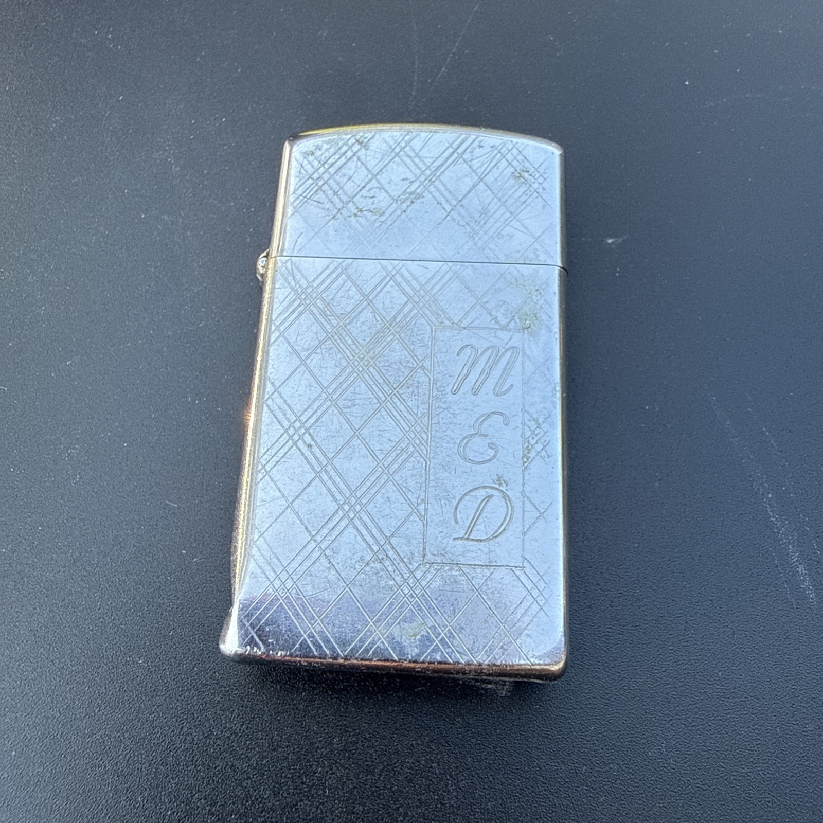 Vintage Zippo Slim Lighter Slanted Plaid Lines - Used Untested. Initials M&D