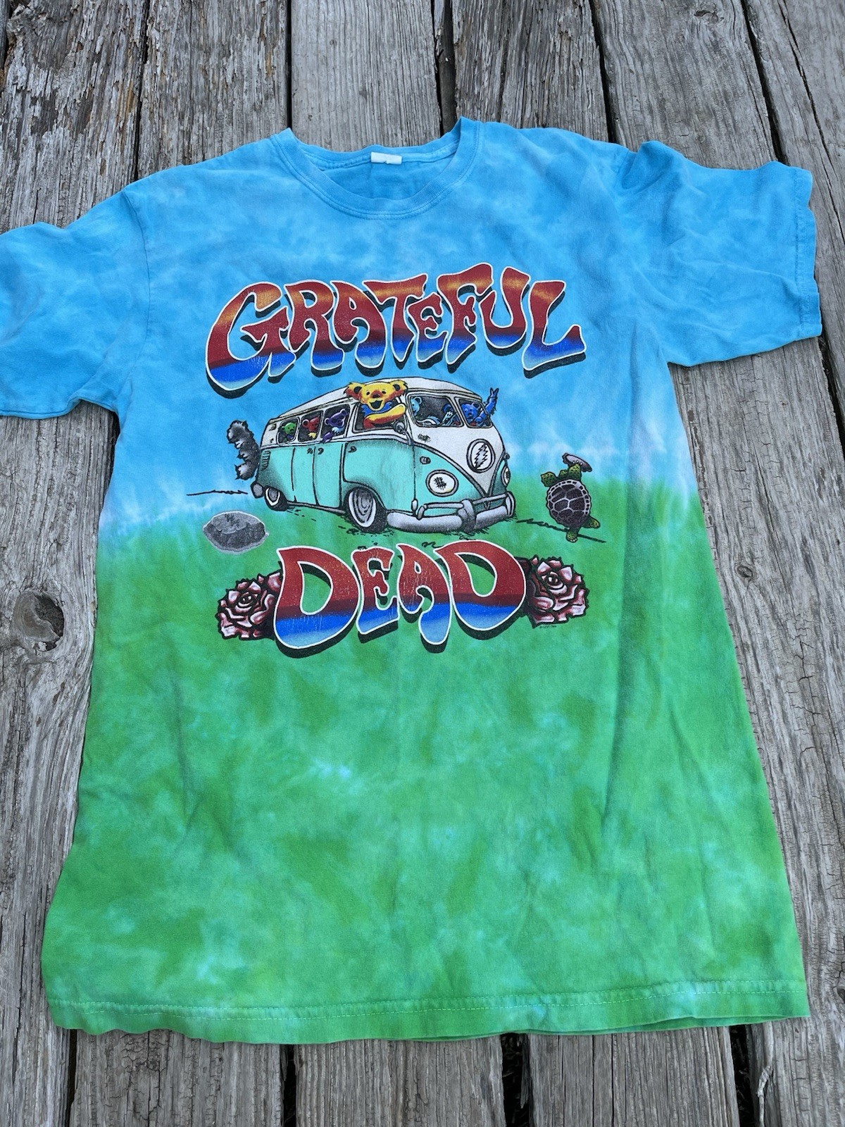Grateful Dead Tie Dye Bus Bear T-Shirt Blue Green 1989 GDP Rock Music