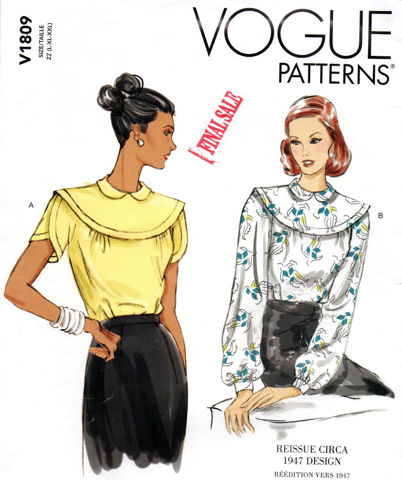 Vogue Sewing Pattern 1809, Reissue circa 1947 Shirt Blouse, sz L-XL-XXL