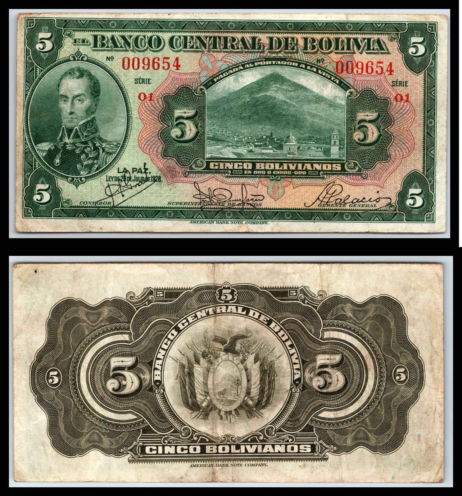 1928 Bolivia 5 Five CINCO Bolivianos Simón Bolívar - COMBINED POST