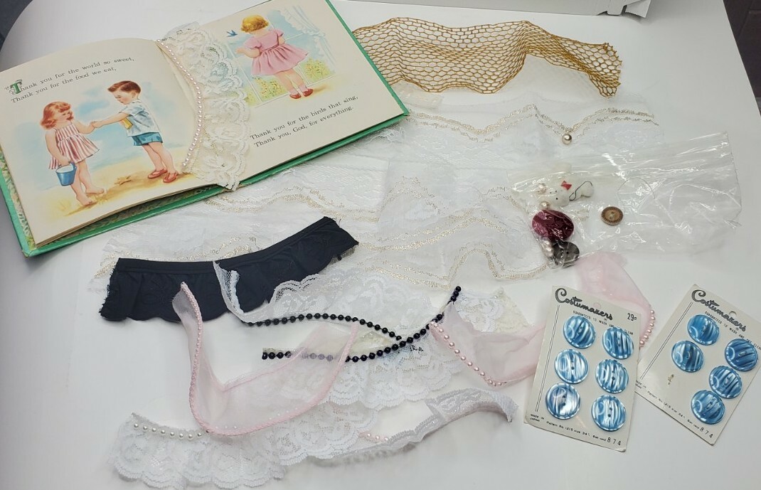 Vtg Lot Junk Journal Craft Lace Buttons Sheet Music Whitman Prayer Book Teddy