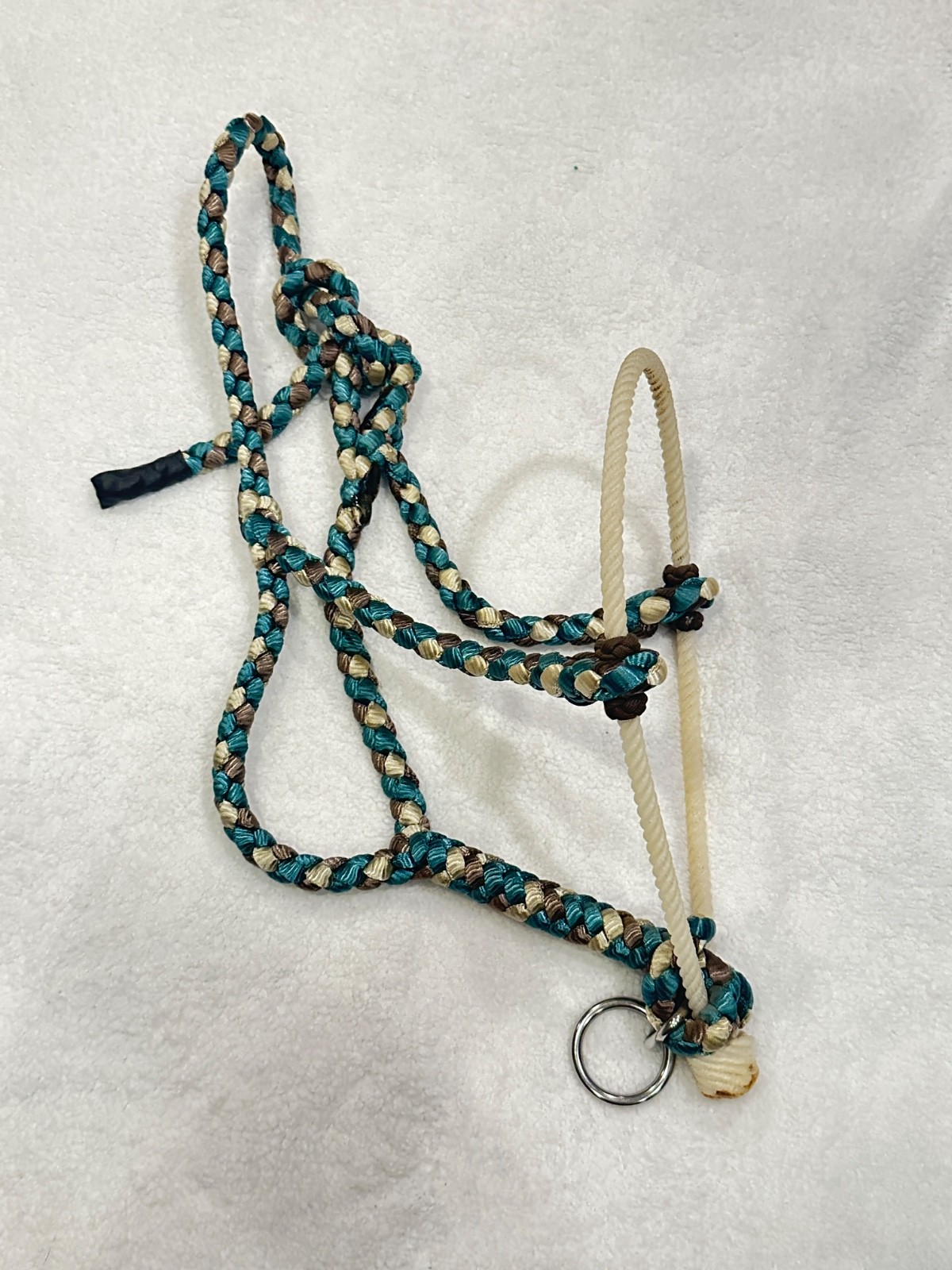 KnotsByK Lariat nose mule tape halter horse size turquoise (teal)/brown/natural