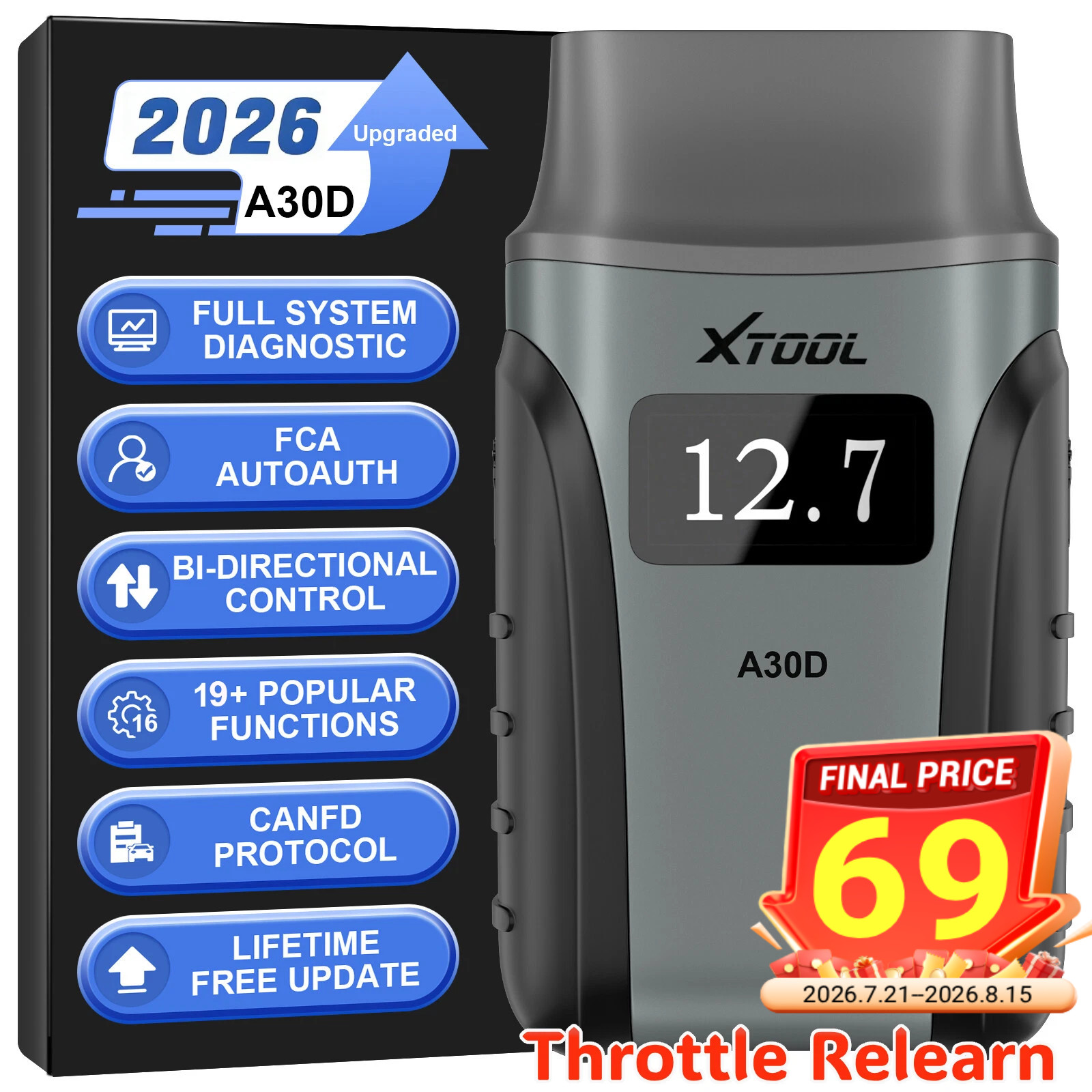 XTOOL Anyscan A30D OBD2 Scanner Diagnostic Tool Bidirectional Scan EPB 19 Resets