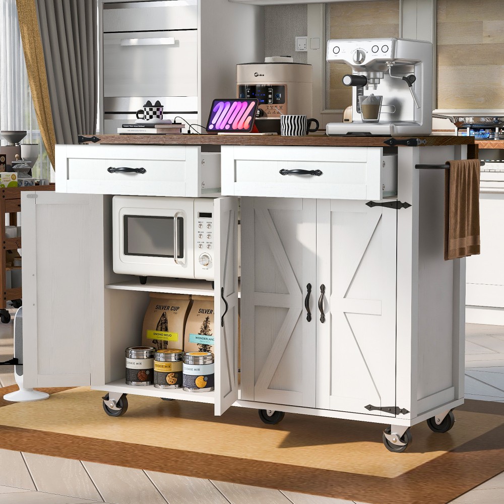 Rolling Kitchen Cart Island on Wheels Power Outlet Storage Leaf Rack Drawer