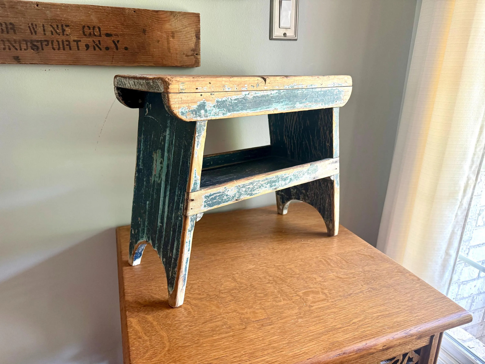 Antique Wooden Stool with Distressed Paint | Distressed Blue Primitive Stool