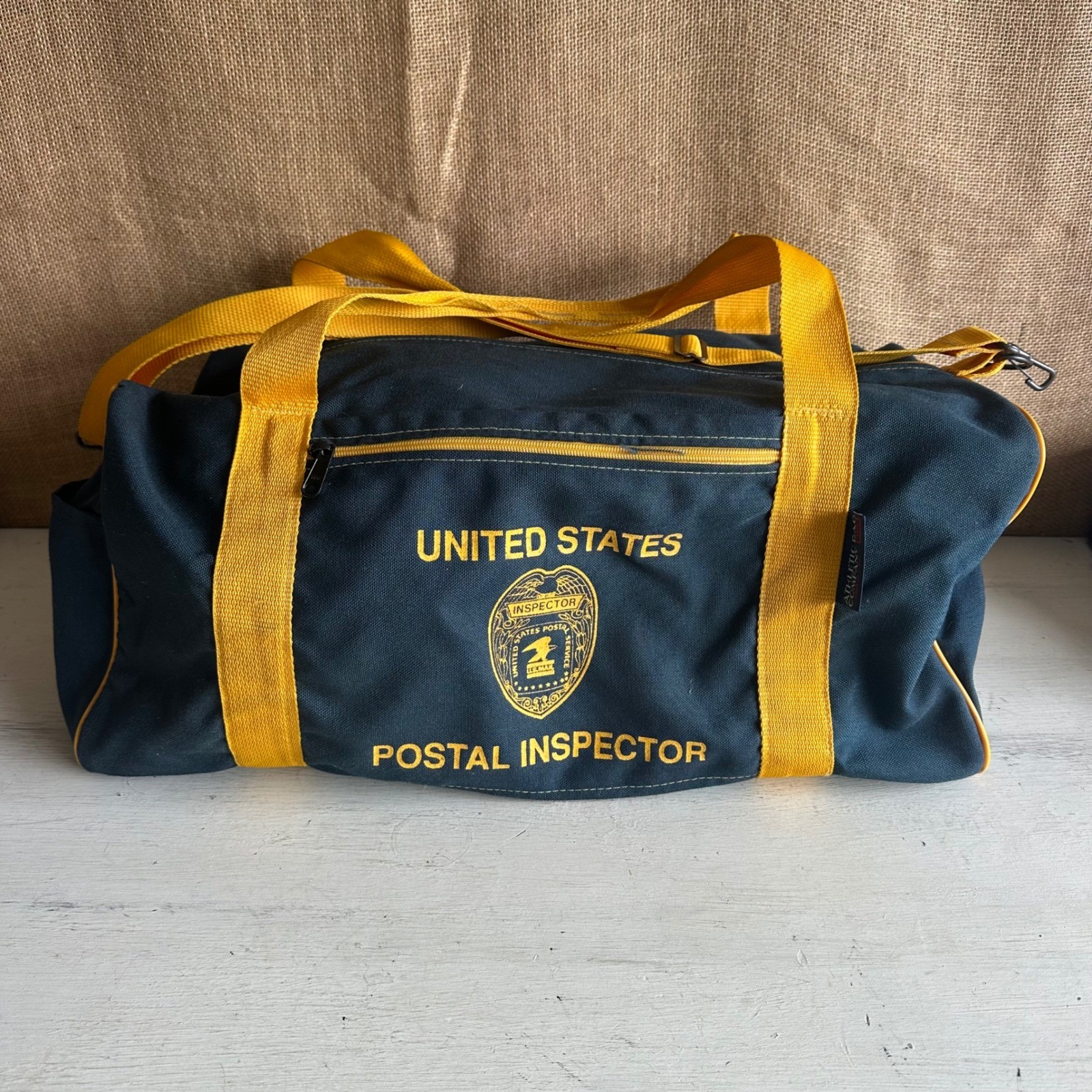Vintage United States Postal Inspector Duffel Bag ABC Made in USA Navy Yellow