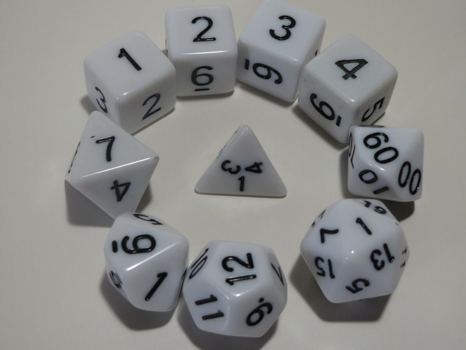 RPG Dice 10pc - Opaque White  - 1 @ D4 D8 D10 D12 D20 D00-10 & 4 D6