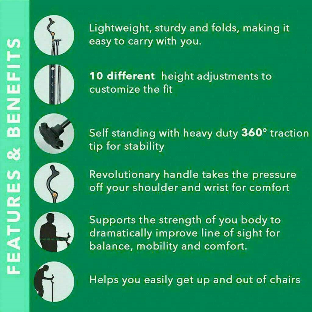 Straight Posture Cane Adjustable Height Safe Walking Stick Foldable Hiking Pole