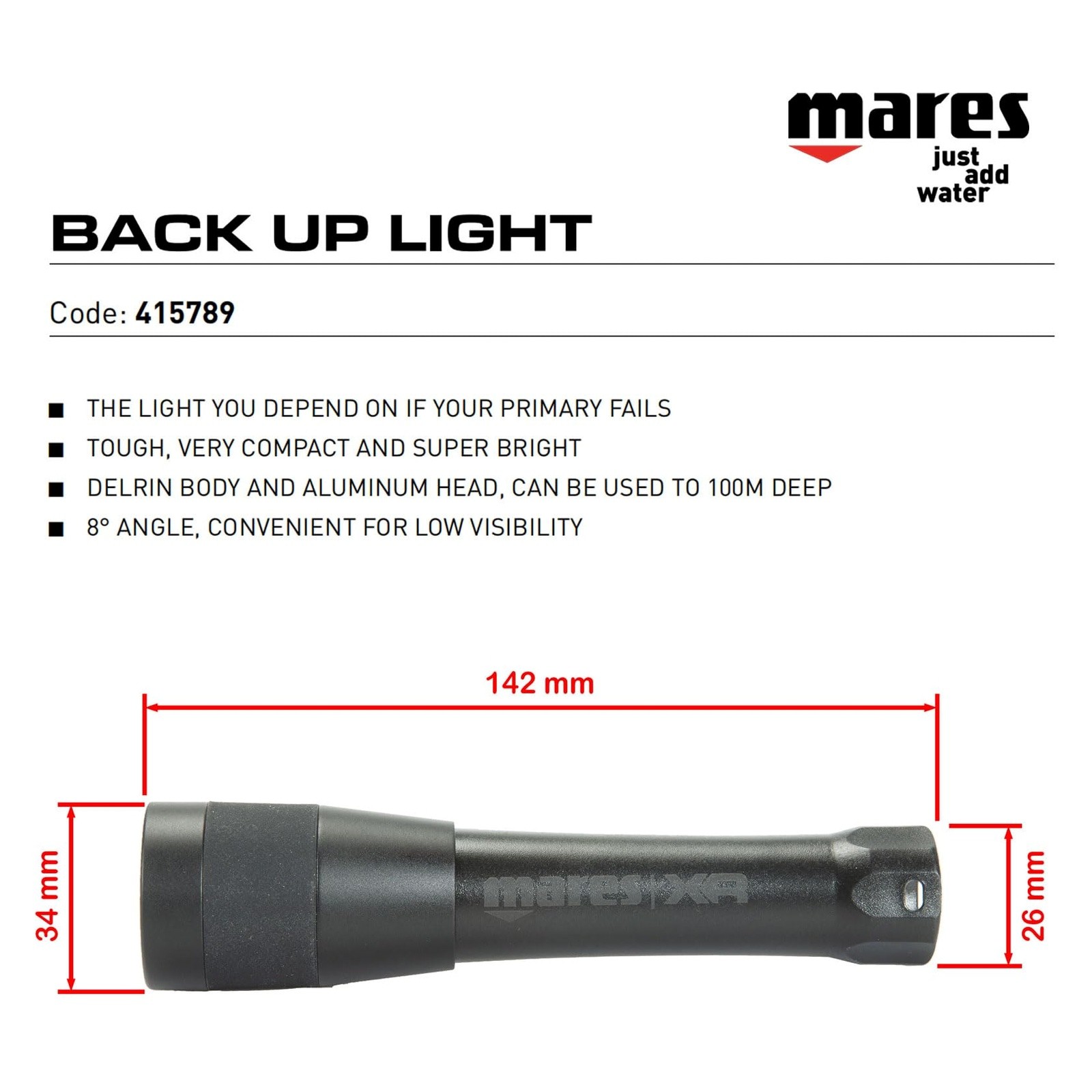 Mares Back Up Light Waterproof Dive Flashlight 100m 2.25h Burn