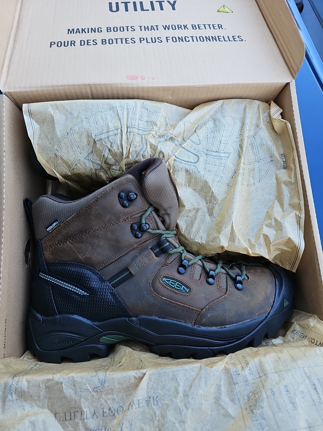 Keen PITTSBURGH ENERGY Size 14d Cascade Brown/Green Soft Toe Waterproof Boots