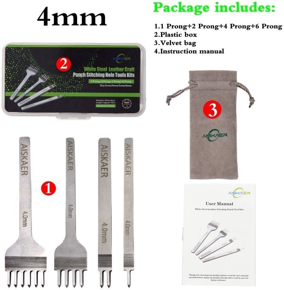 Leather Stitching Punch Set, Diamond Chisel Tools, 4mm White Steel 1/2/4/6 Pr...
